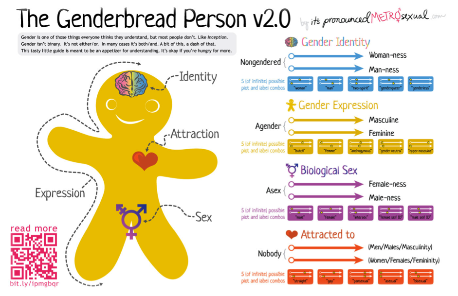 (Caption: The Genderbread person, though popularized by Killerman, was actually a community effort by trans* people created through various conversations. The original credit goes to Cristina González, Vanessa Prell, Jack Rivas, and Jarrod Schwartz.)