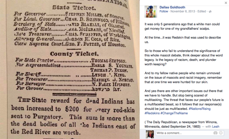  A screen shot of Goldtooth’s Facebook page with the 1863 newspaper clipping and his comments that sparked discussion on Facebook.