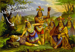 A painting depicting a Native person protecting a colonizer from attack has text reading "Yeah, this? Never happened."