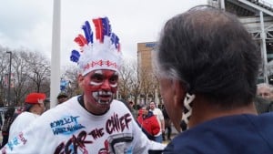 Cleveland Indians fan "defending" the mascot to the Anti-Wahoo protesters. Credit: Sam Allard / Scene.