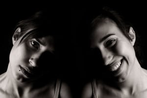 Black-and-white photo of a young person looking upset and then looking happy, side by side