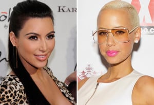 Two red carpet close-ups of Kim Kardashian and Amber Rose side by side