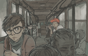 Illustration of a person on a bus looking scared as another person taunts them