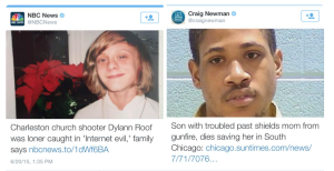 Two headlines showing Dylann Roof looking innocent and Jim Jones as some with 'a troubled past'