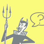 A gray-and-white illustrated devil against a light yellow background has a speech bubble coming out of its mouth with a question mark