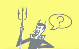 A gray-and-white illustrated devil against a light yellow background has a speech bubble coming out of its mouth with a question mark