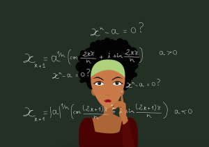 A cartoon person pondering a wall of math