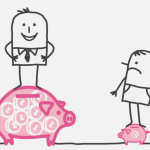 A crude drawing of one person standing on a large piggy bank and another on a small one
