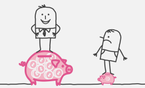 A crude drawing of a happy person standing on a large piggy bank and a sad person on a small one