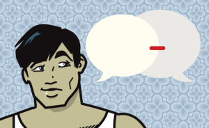 Cartoon image of a person against a textured blue background speaking with someone else off screen, as represented by speech bubbles