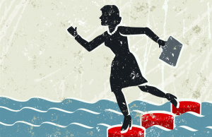 An illustrated image of a business person running across stones in water