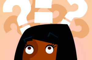 An illustration of a person under question marks, looking confused. 