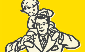 Illustration of a parent carrying a child on their shoulders against a yellow background