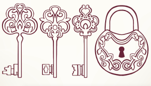 Drawings of a dark purple lock and keys over a light pink background