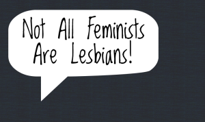 Against a blue background, a white speech bubble reads "Not All Feminists Are Lesbians!"