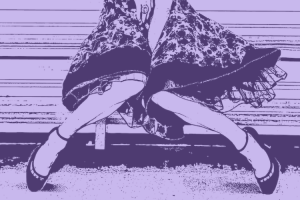 An illustrated image of a person in a dress, sitting on a bench, potentially masturbating