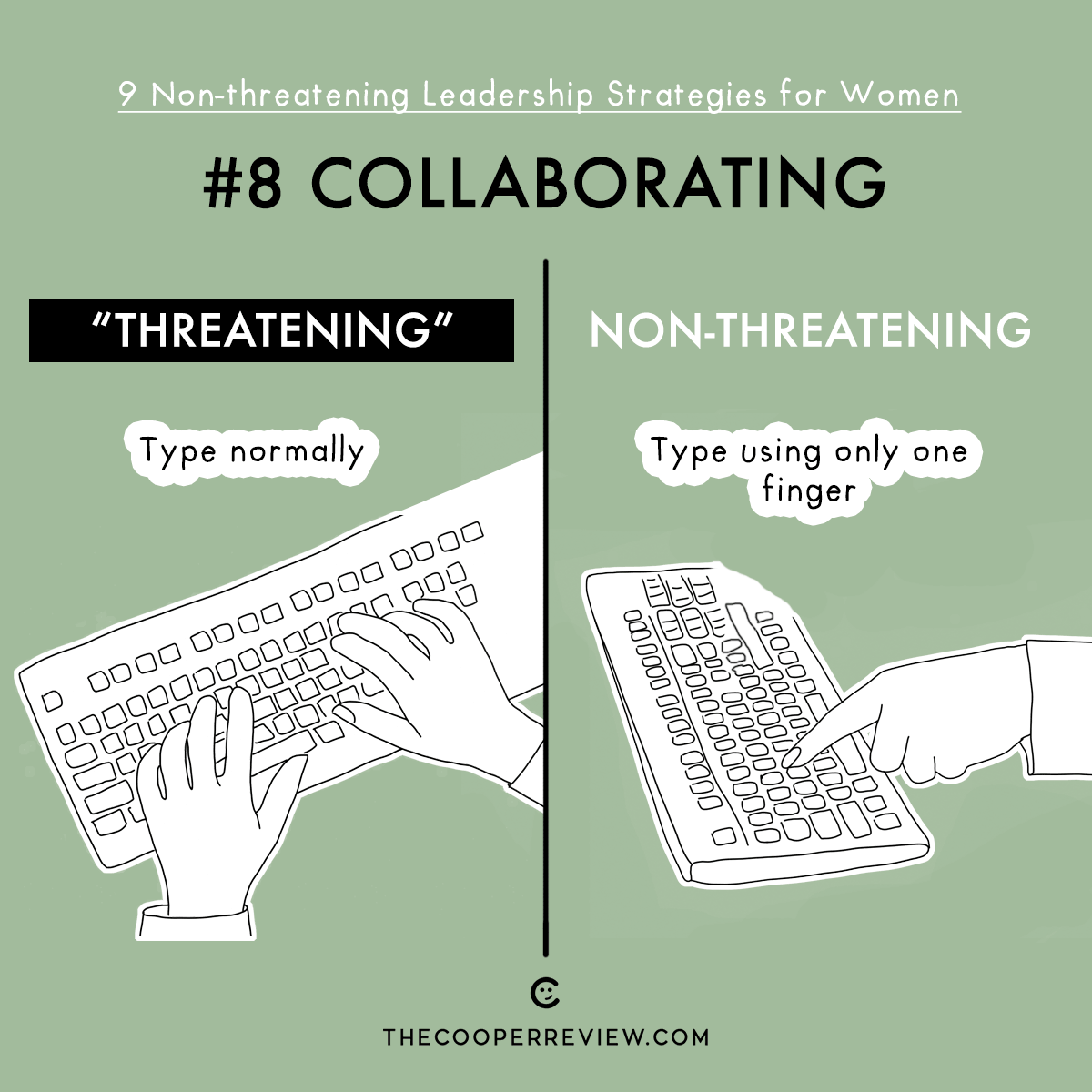 #8 Collaborating. Threatening: Type normally. Non-threatening: Type using only one finger.