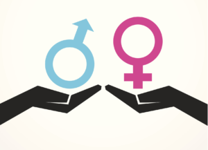 The silhouettes of two hands – one holding a blue "male" symbol, the other holding a dark pink "female" symbol.