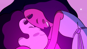 Characters Steven and Connie from Steven Universe, their foreheads pressed together and faces flush, smiling. Image via Wikia