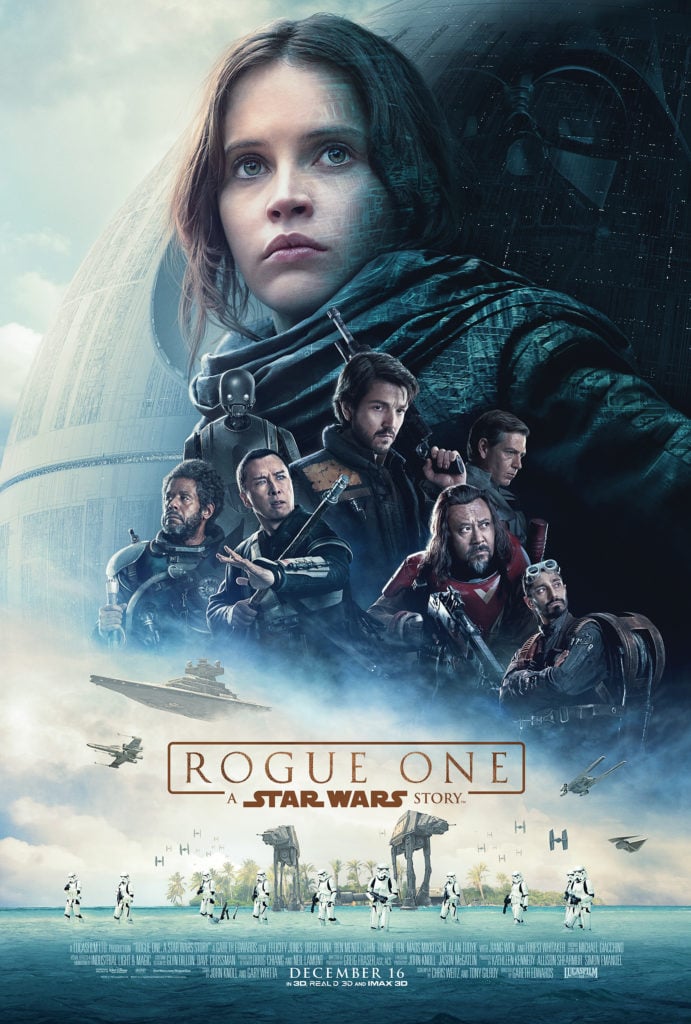 This Rogue One poster consists of Jyn Erso’s image large at the top while her supporting cast appears small at the bottom, with an image of the Darth Vader and the Death Star in the background. Image source: StarWars.com