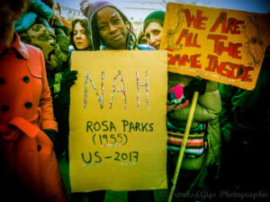 A photo from a march. One protester holds a sign that reads "We are all the same inside," while the protester in front of them holds a sign that reads "Nah — Rosa Parks (1955); US – 2017. Image credit: "DC Women's March" by Liz Lemon/Flickr.