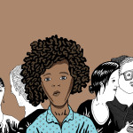 Cartoon depicting one distraught person of color in a room full of happy white people