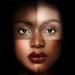 One face made up of parts of other faces of varying skin tones