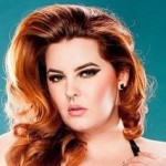 Plus-size model Tess Munster looks seductively at the camera against a teal background