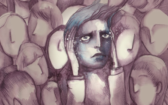 Illustration of a person in a faceless crowd, looking entirely overwhelmed and anxious