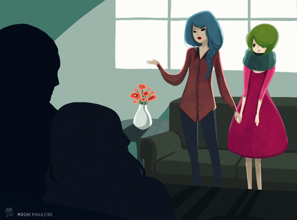 Two cartoon women are holding hands, explaining something to people in shadows