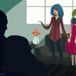 Two cartoon women are holding hands, explaining something to people in shadows