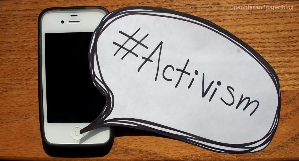 iPhone with a speech bubble, reading "#Activism"