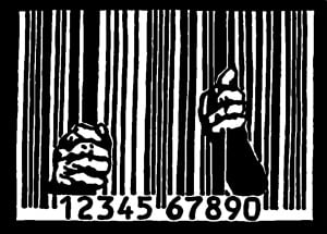 Prison bars are made into a barcode, insinuating that prisoners are products of a system