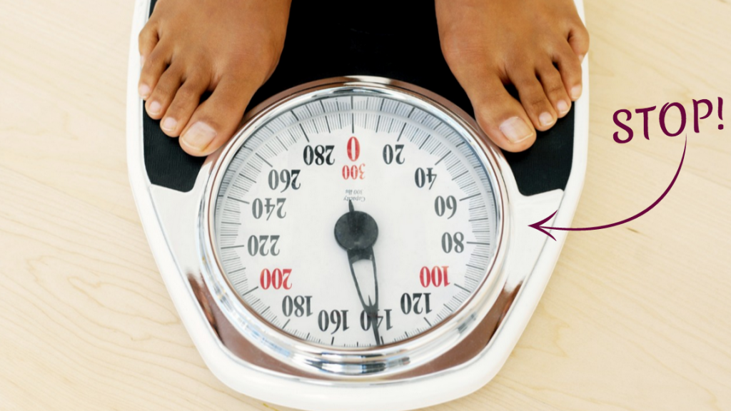 Arrow pointing to feet on a weighing scale, urging "STOP!"
