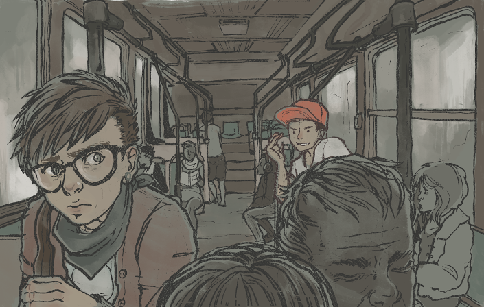 Illustration of a person on a bus looking scared as another person taunts them