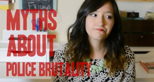 Vlogger Marina Watanabe with a disappointed expression on her face, beside the words "Myths About Police Brutality."