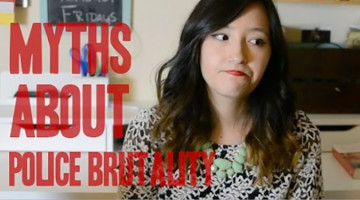 Vlogger Marina Watanabe with a disappointed expression on her face, beside the words "Myths About Police Brutality."