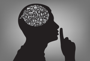 Silhouette drawing of a person with a busy brain saying "Shhh"