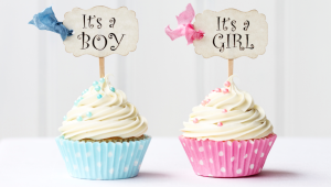 A blue cupcake with an "It's a Boy!" sign next to a pink cupcake with an "It's a Girl!" sign
