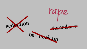 The phrases "seduction," "bad hook up," and "forced sex" are crossed out, and "rape" is written in their place