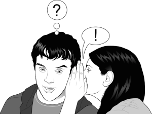 A drawing of one person telling a secret and the other not knowing what to do with the information
