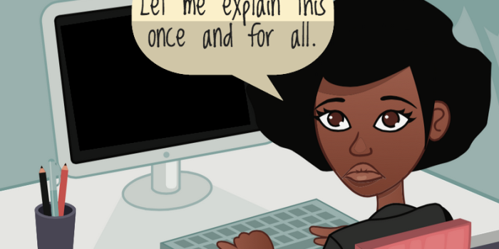 A person sits at a computer with a speech bubble that reads "Let me explain this once and for all."