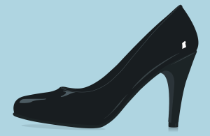 A drawing of a black high heeled shoe against a light blue background