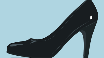 A drawing of a black high heeled shoe against a light blue background