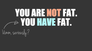 A meme reads "You Are Not Fat – You Have Fat." Written under it is "Umm, seriously?"