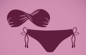 A maroon drawing of a bikini against a pink background