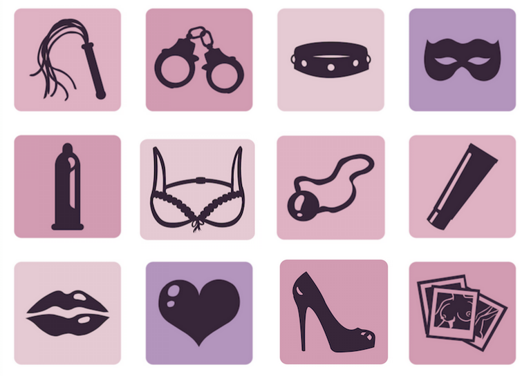 A series of vectors, depicting different items used in sex play, against pink and purple backgrounds