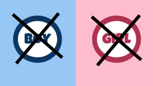 Against a blue background, the word "Boy" is crossed out; against a pink background, the word "Girl" is crossed out