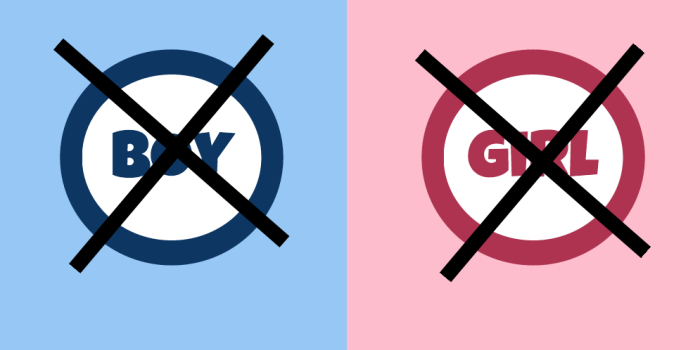 Against a blue background, the word "Boy" is crossed out; against a pink background, the word "Girl" is crossed out