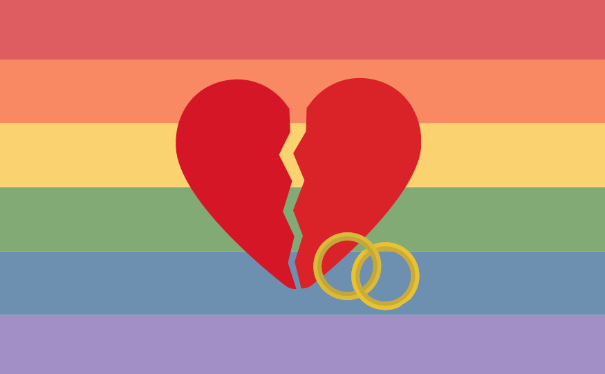 Against a rainbow flag is a broken heart and two wedding bands